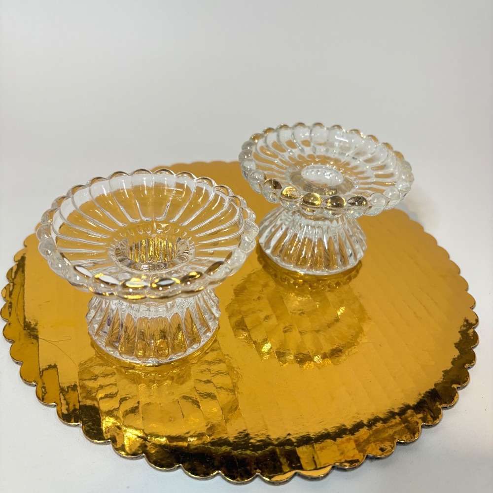 Vintage Ribbed Clear Glass Taper Candle Holders Set of 2 Scalloped Beaded Rim